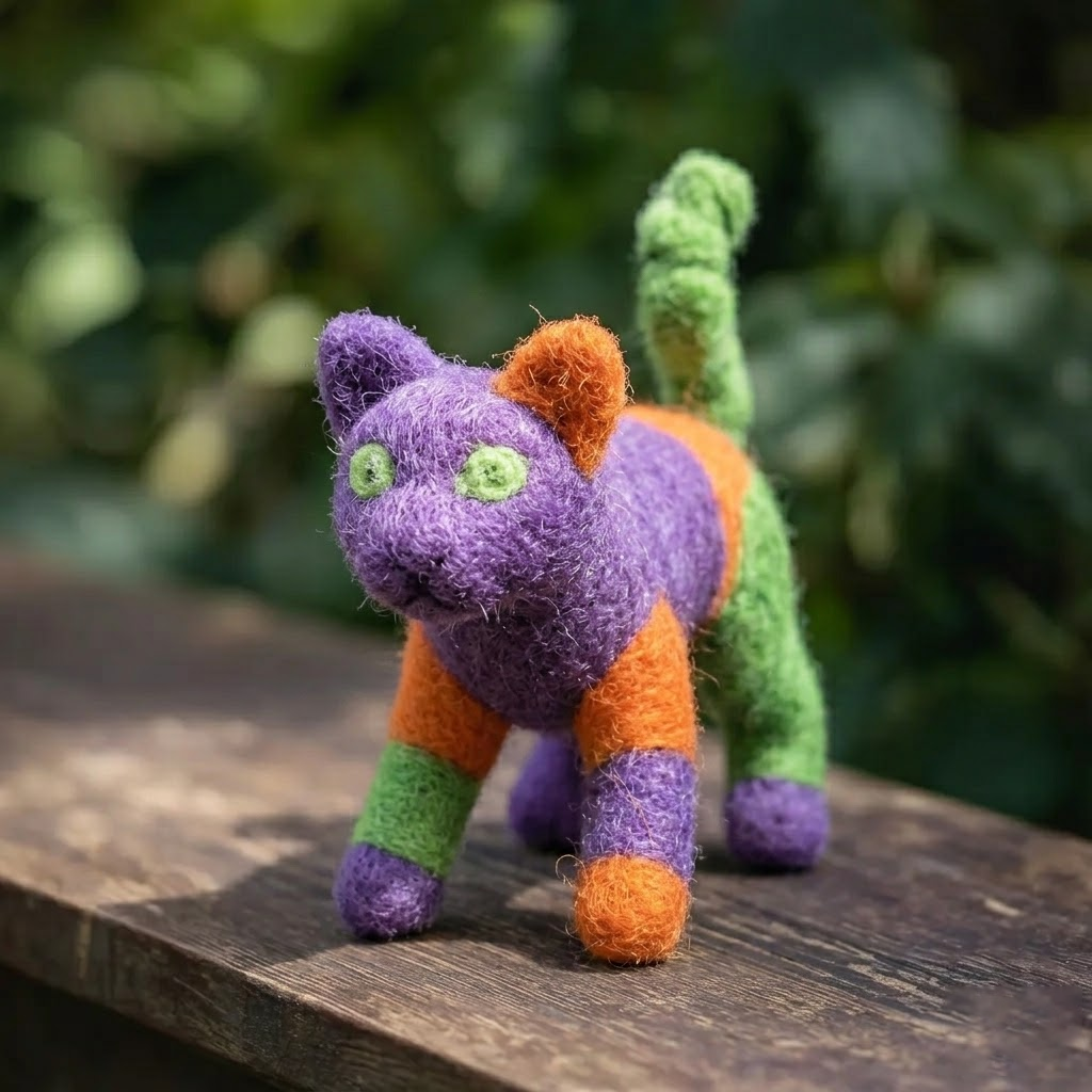 Handmade Wool Felt Patchwork Cat Figurine – Whimsical Halloween Decor