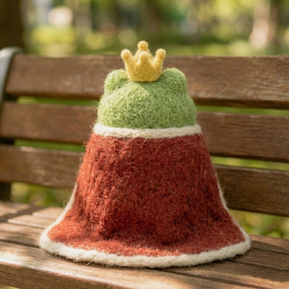 Handmade Wool Felt Frog Prince Figurine – Cute Whimsical Decor