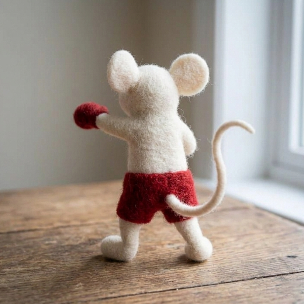 Handmade Wool Felt Boxing Mouse Figurine – Cute Whimsical Decor