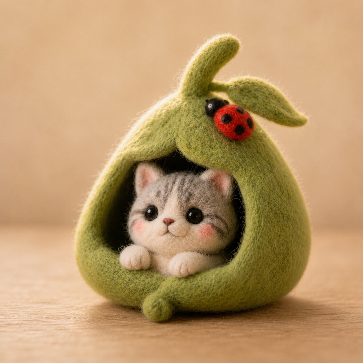Handmade Wool Felt Cat in Pear-Shaped Nest Figurine – Cute Whimsical Decor
