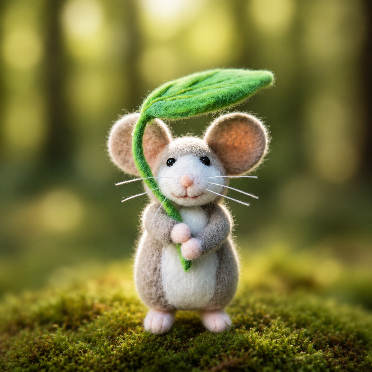 Handmade Wool Felt Forest Mouse with Leaf Umbrella Figurine – Cute Nature Decor