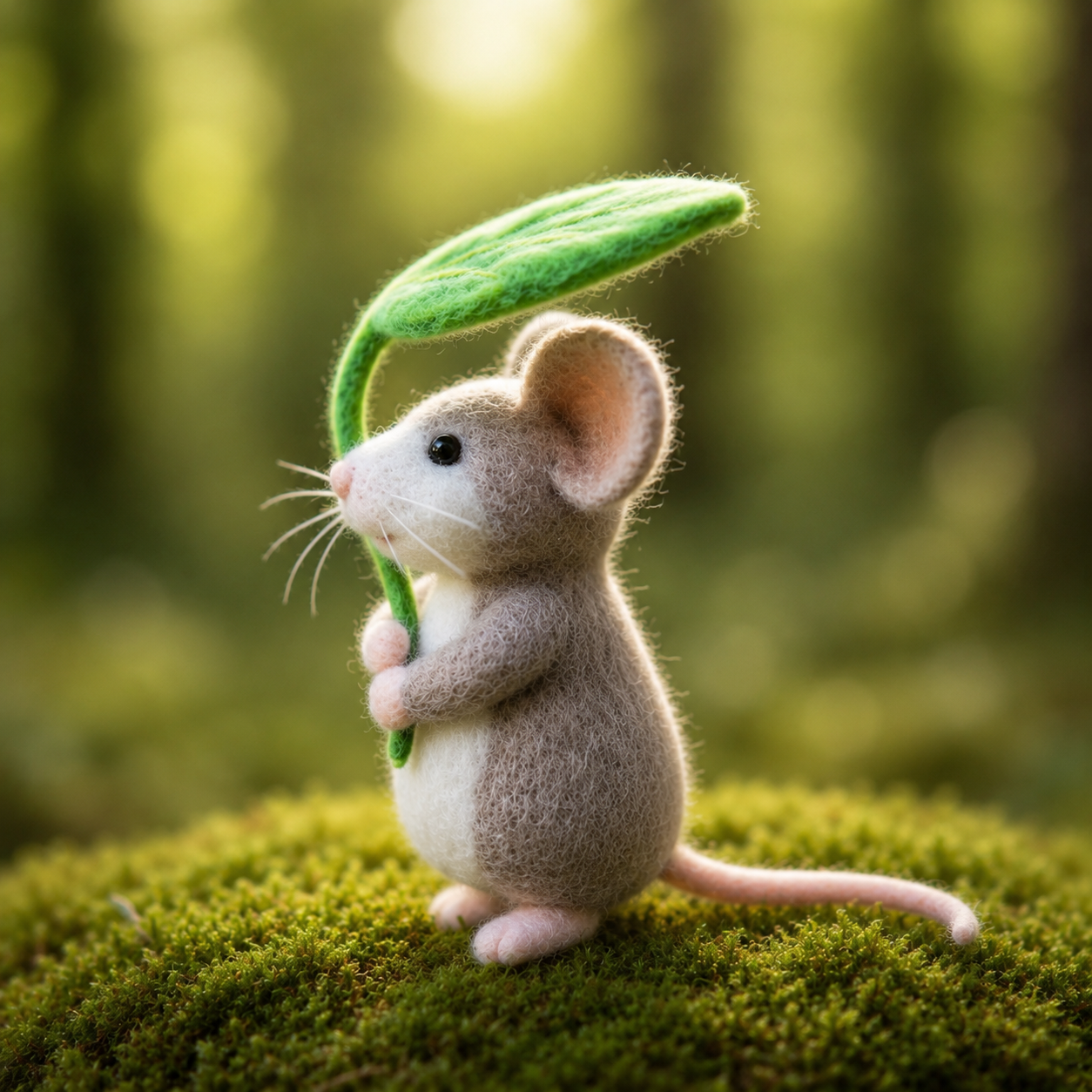 Handmade Wool Felt Forest Mouse with Leaf Umbrella Figurine – Cute Nature Decor