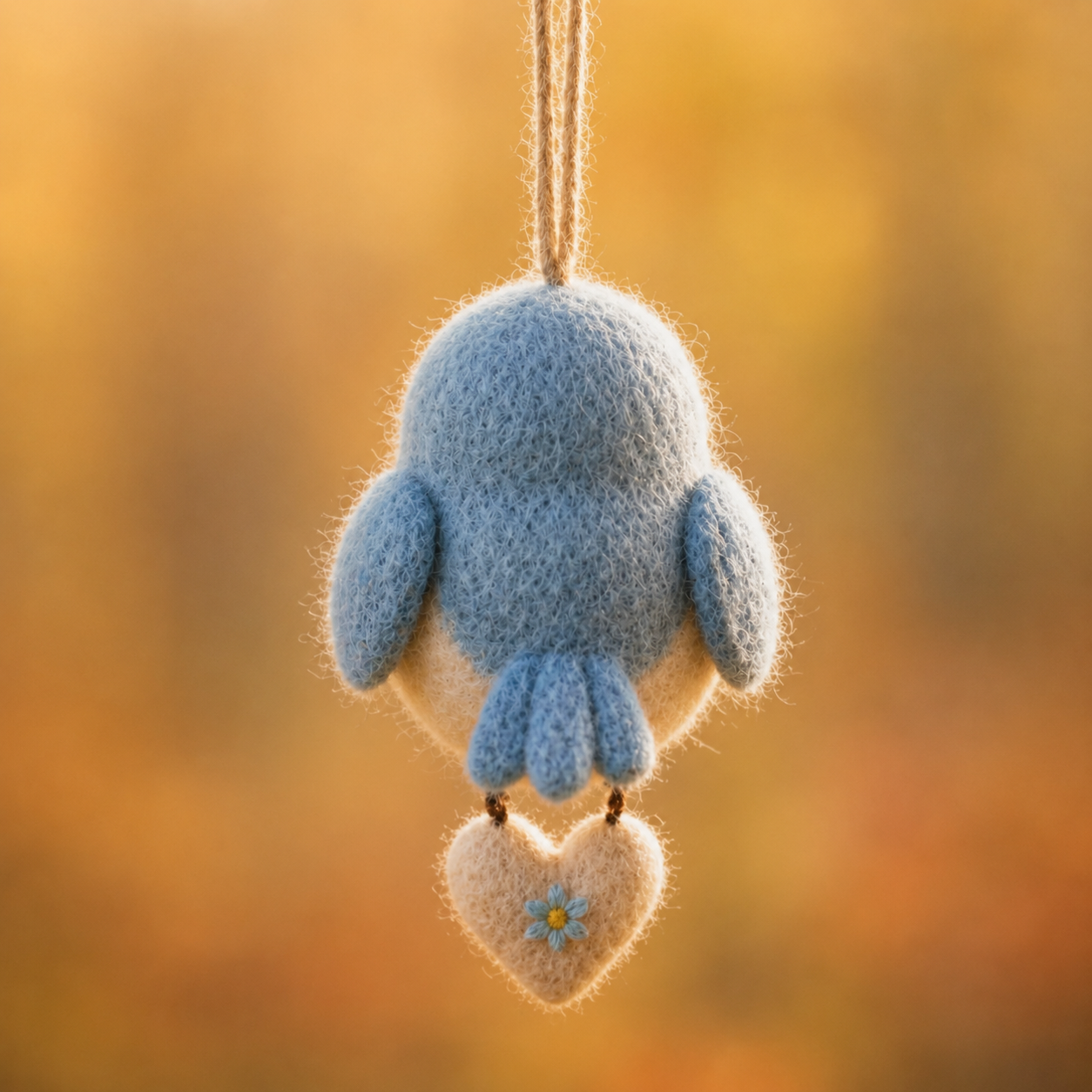 Handmade Wool Felt Blue Bird with Heart Hanging Ornament Figurine – Cute Autumn Decor