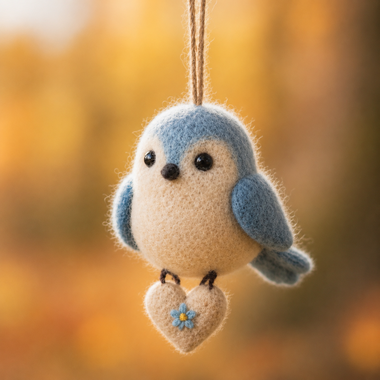 Handmade Wool Felt Blue Bird with Heart Hanging Ornament Figurine – Cute Autumn Decor