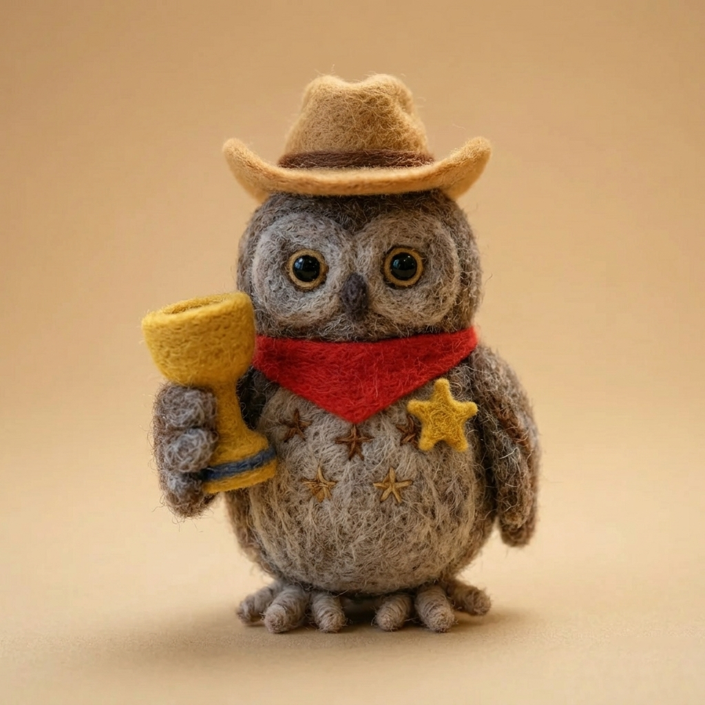 Handmade Wool Felt Cowboy Owl Figurine – Cute Western Decor