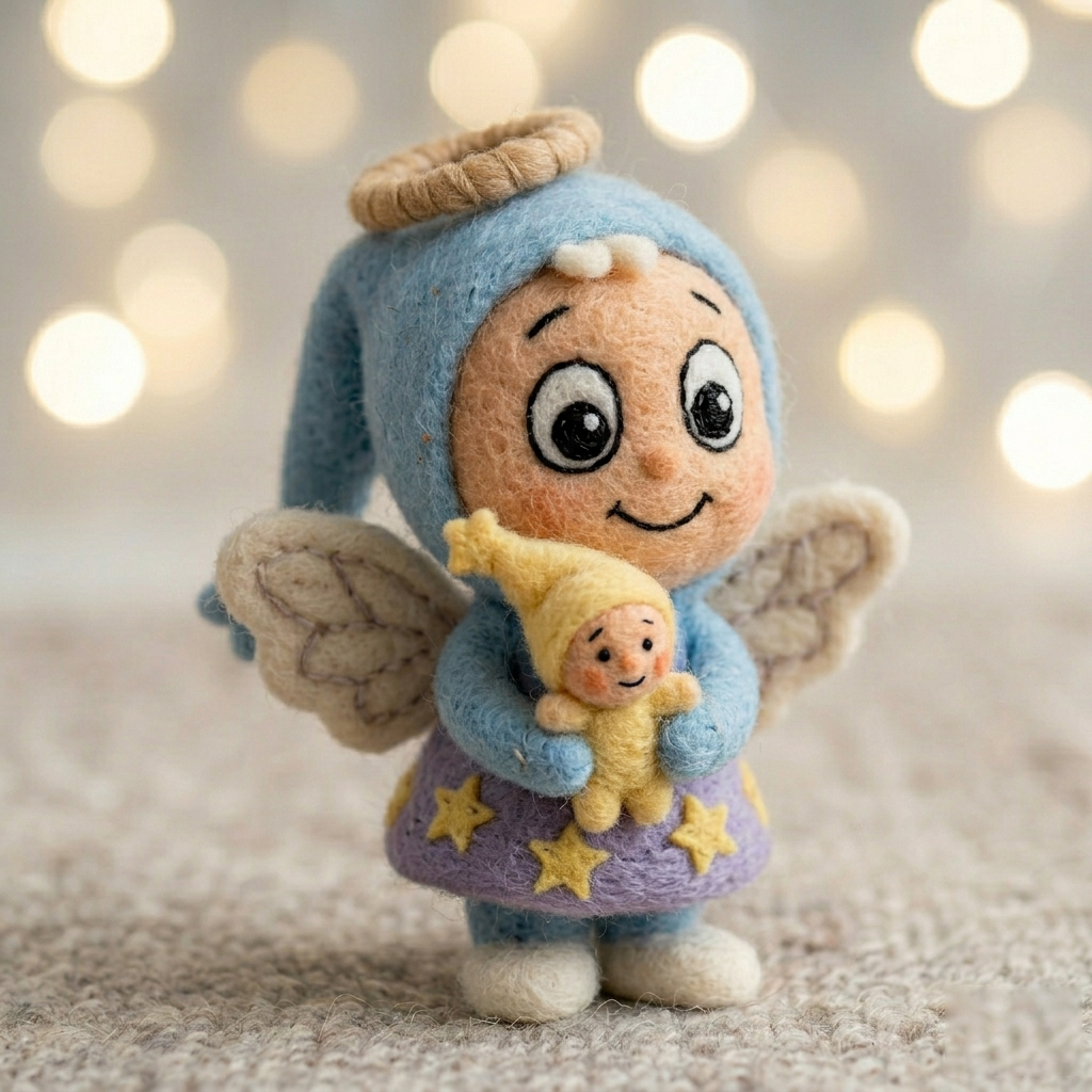 Handmade Wool Felt Angel with Baby Figurine – Whimsical Nursery Decor
