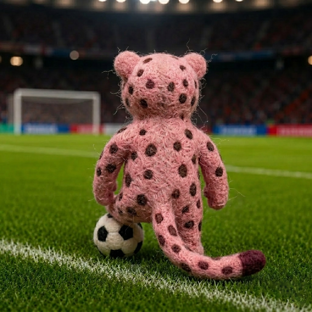 Handmade Wool Felt 2026 World Cup Pink Leopard Figurine – Stylish Sports Decor
