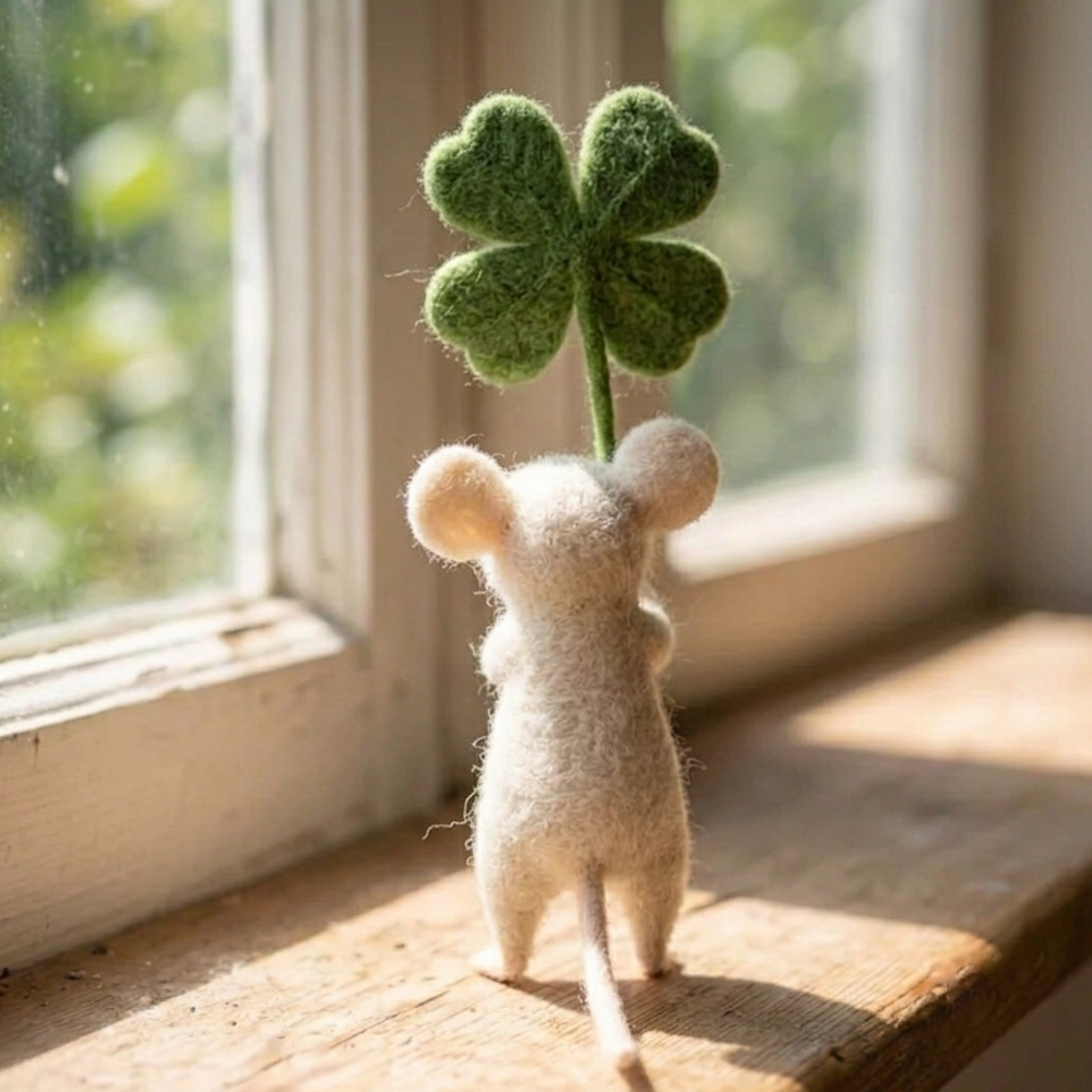 Handmade Wool Felt Lucky Clover Mouse Figurine – Whimsical Good Luck Decor
