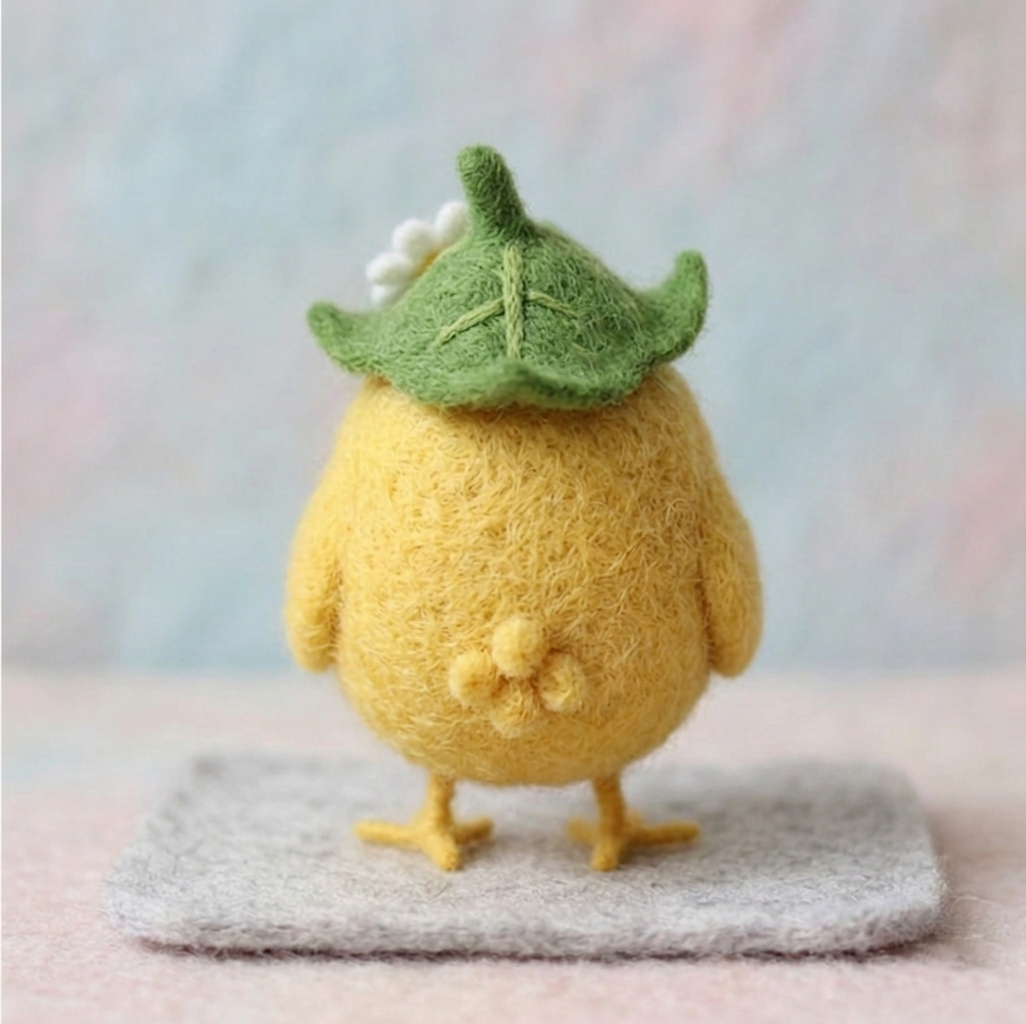 Handmade Wool Felt Grumpy Chick with Leaf Hat Figurine – Cute Whimsical Decor
