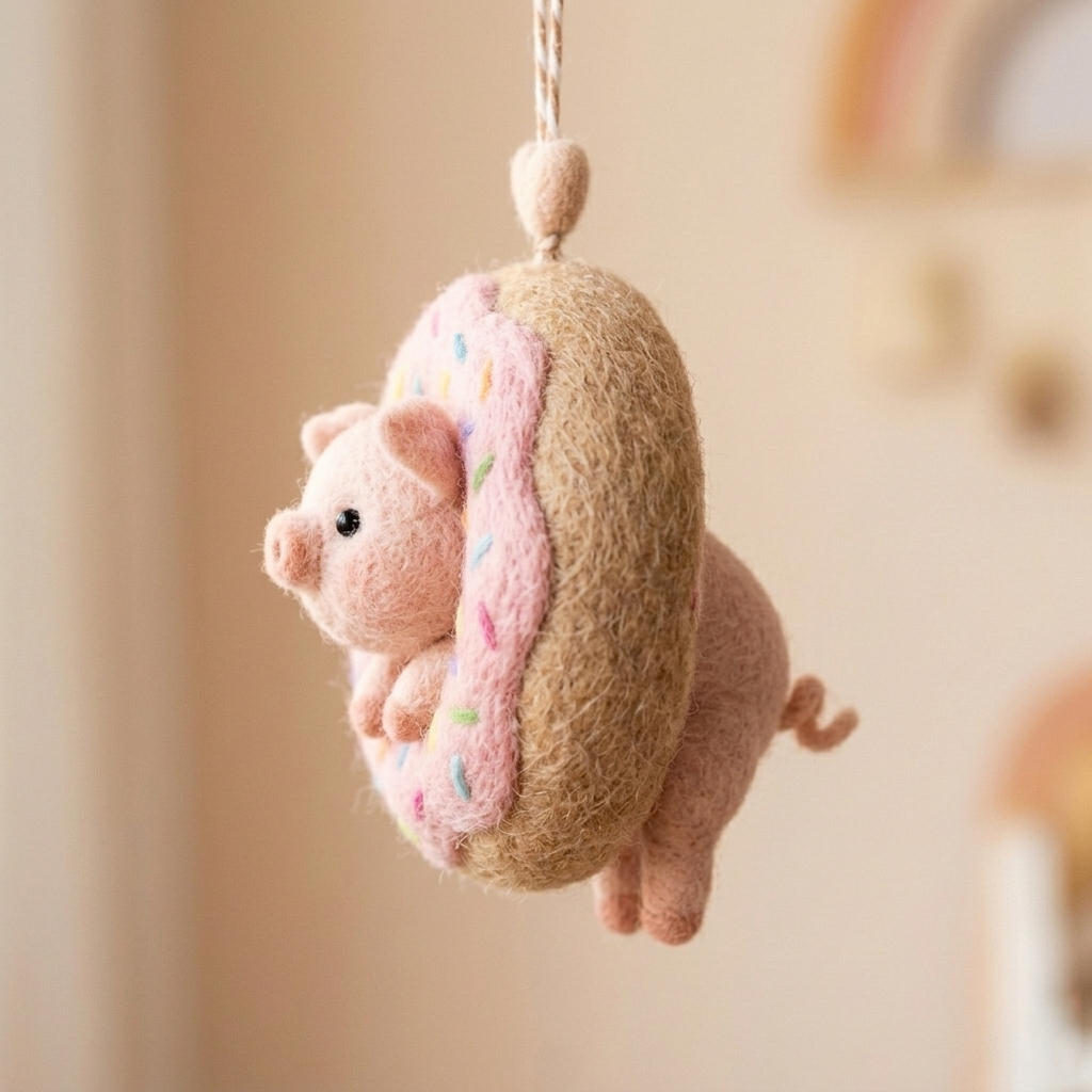 Handmade Wool Felt Donut Pig Hanging Ornament – Cute Whimsical Decor