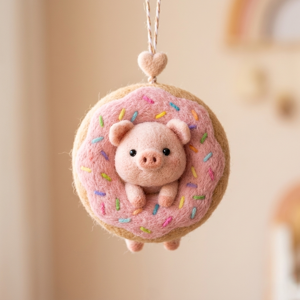 Handmade Wool Felt Donut Pig Hanging Ornament – Cute Whimsical Decor