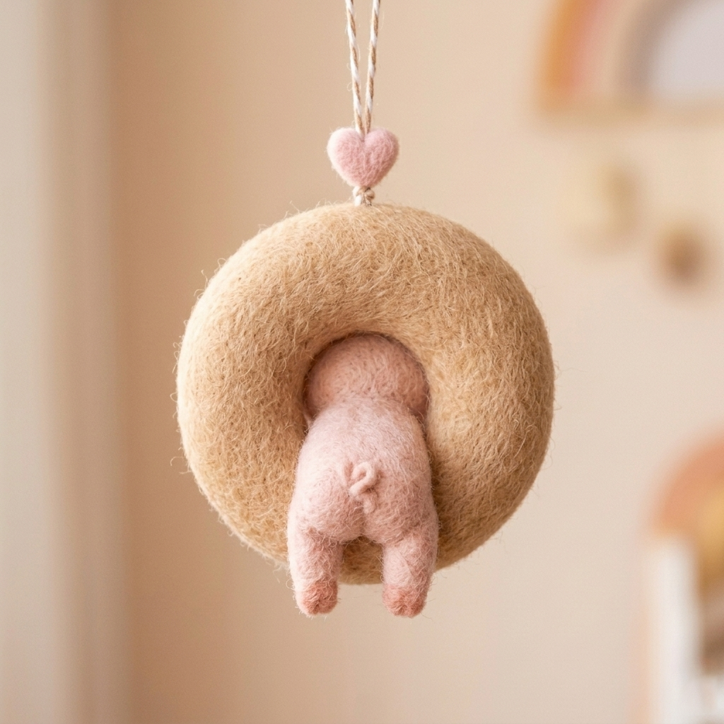 Handmade Wool Felt Donut Pig Hanging Ornament – Cute Whimsical Decor