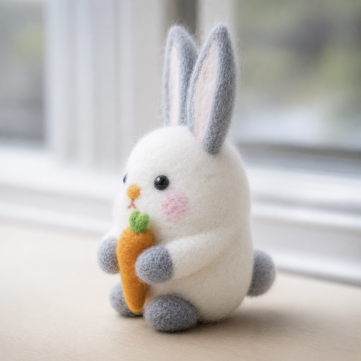 Handmade Wool Felt Bunny with Carrot Figurine – Cute Whimsical Decor