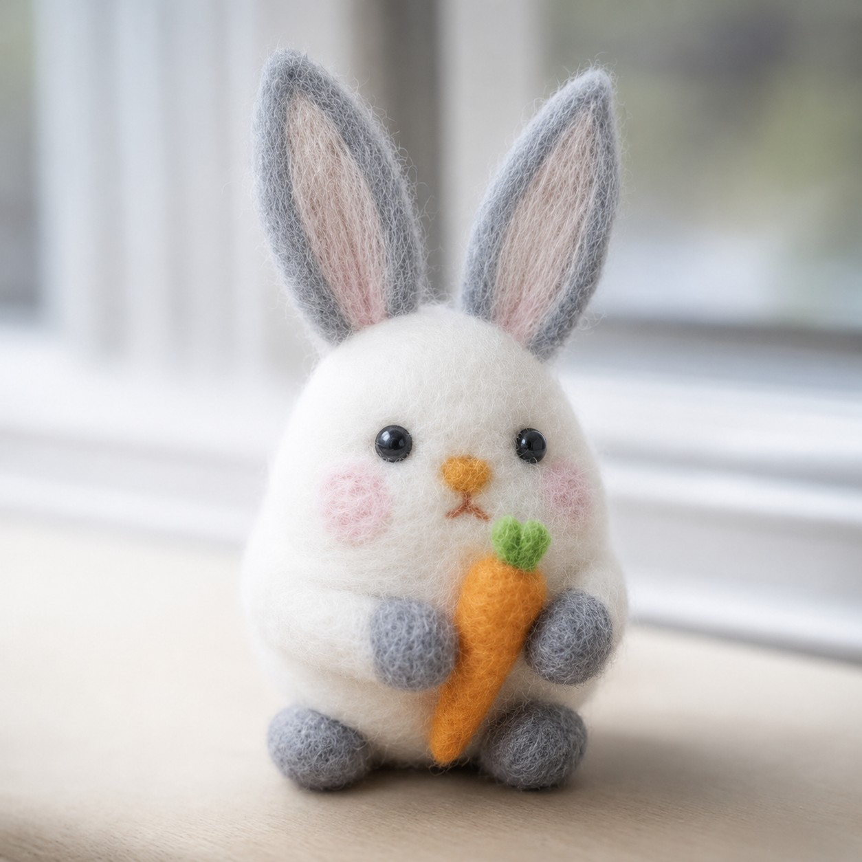 Handmade Wool Felt Bunny with Carrot Figurine – Cute Whimsical Decor