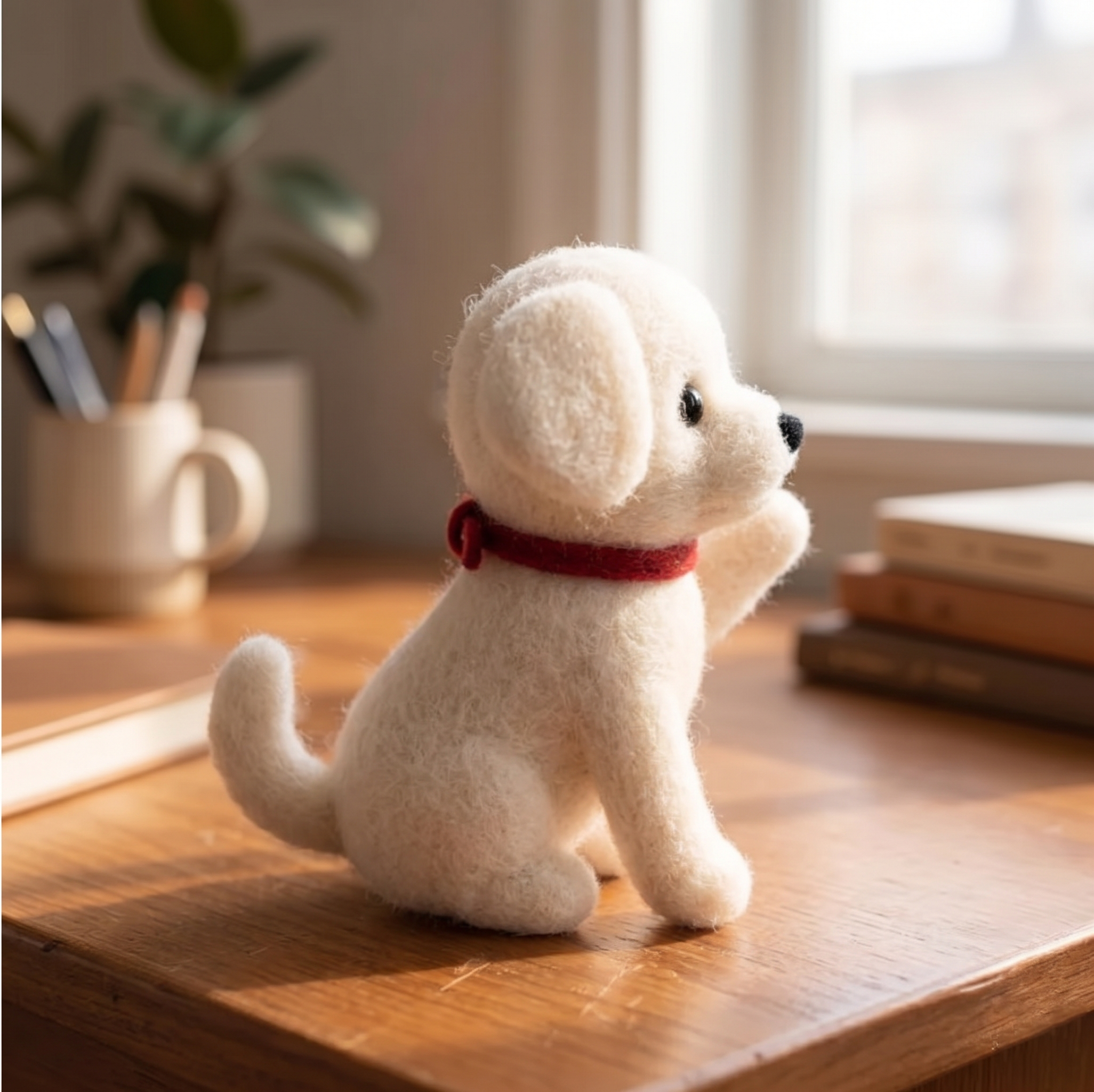 Handmade Wool Felt Waving Puppy Figurine – Cute Pet Decor