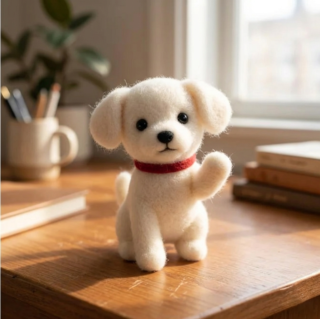 Handmade Wool Felt Waving Puppy Figurine – Cute Pet Decor