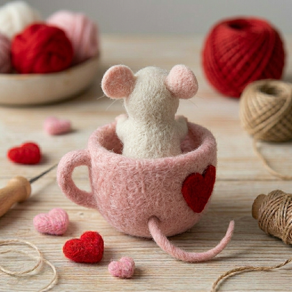 Handmade Wool Felt Teacup Mouse with Heart Figurine – Cute Whimsical Decor