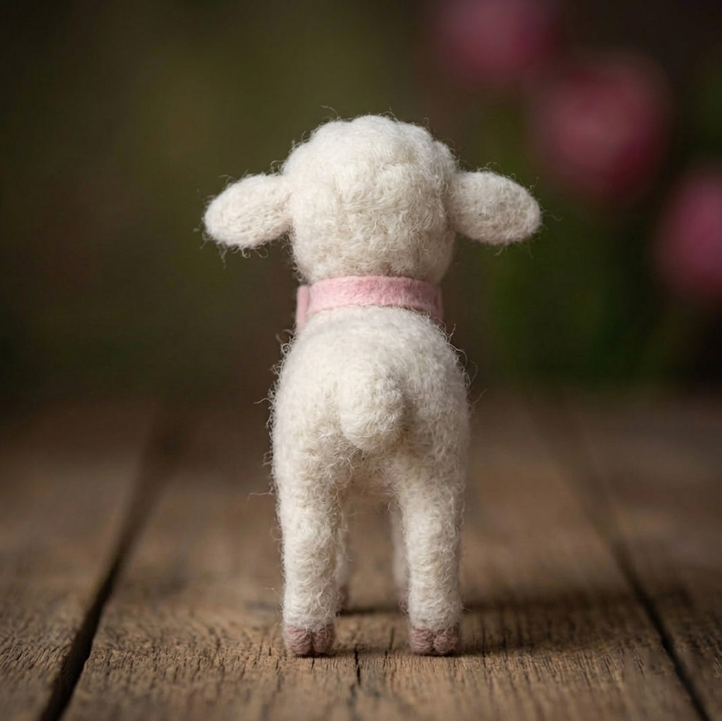 Handmade Wool Felt Lamb with Pink Bow Tie Figurine – Cute Whimsical Decor