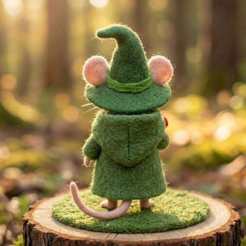 Handmade Wool Felt Forest Wizard Mouse Figurine – Whimsical Woodland Decor