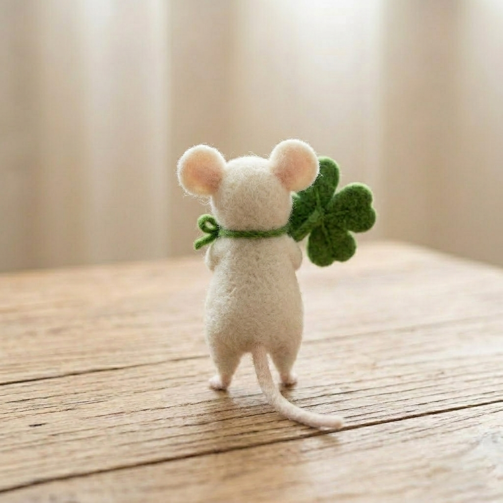 Handmade Wool Felt Lucky Clover Mouse Figurine – Whimsical Good Luck Decor