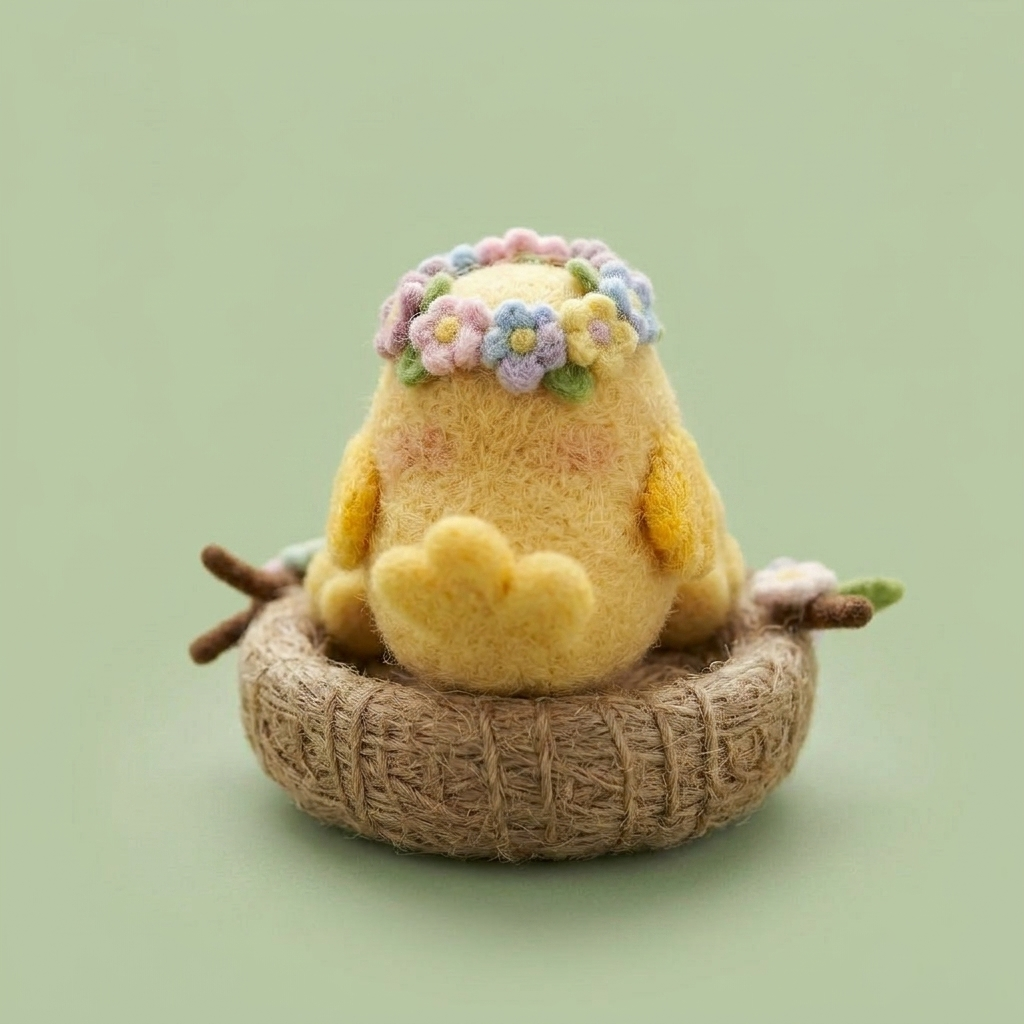 Handmade Wool Felt Mama Chick with Chicks in Nest Figurine – Whimsical Spring Decor