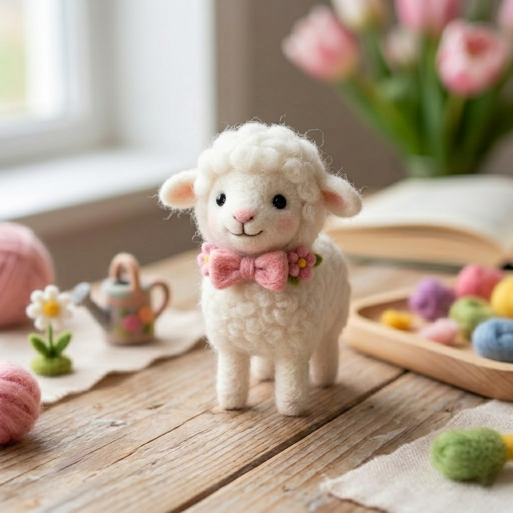Handmade Wool Felt Lamb with Pink Floral Bow Tie Figurine – Cute Whimsical Decor
