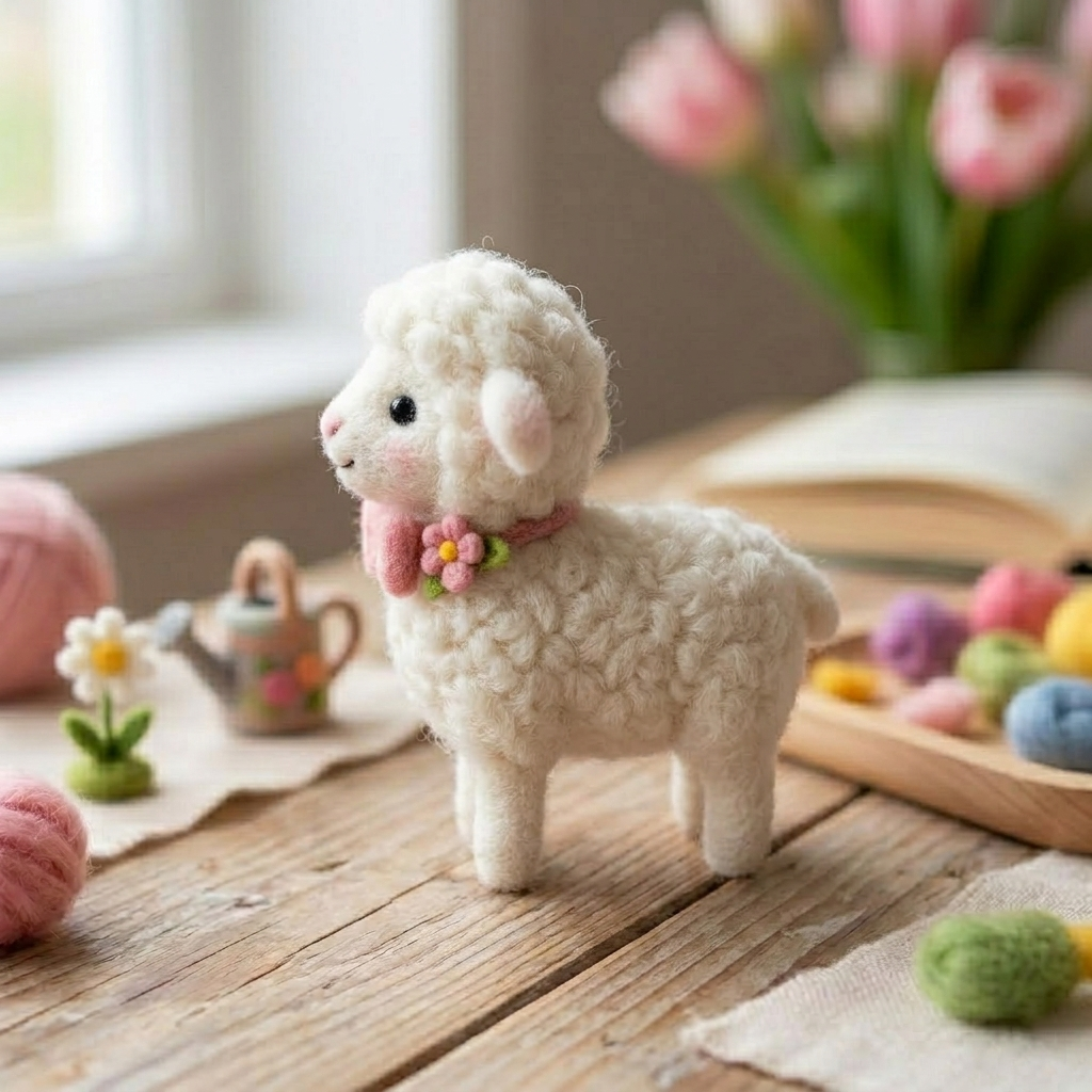 Handmade Wool Felt Lamb with Pink Floral Bow Tie Figurine – Cute Whimsical Decor