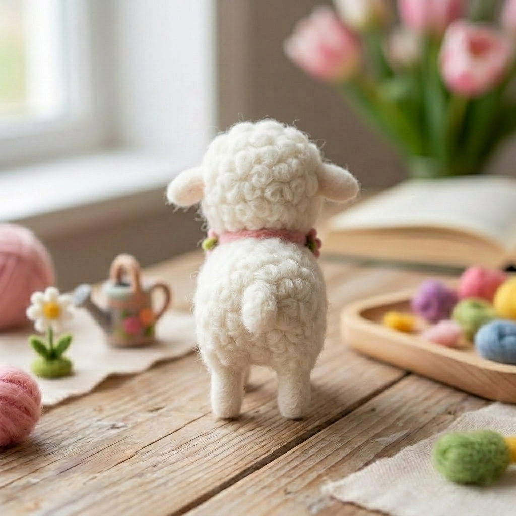 Handmade Wool Felt Lamb with Pink Floral Bow Tie Figurine – Cute Whimsical Decor