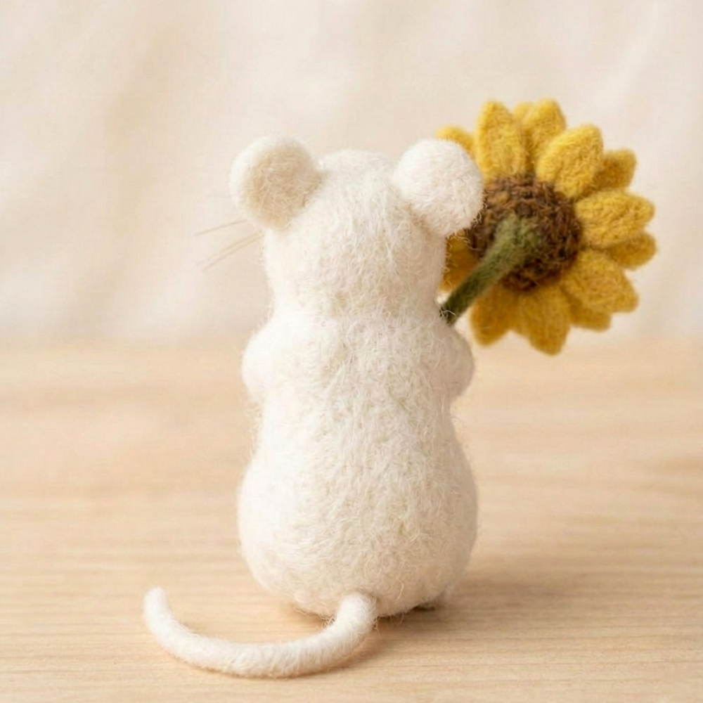 Handmade Wool Felt Sunflower Mouse Figurine – Cute Whimsical Decor