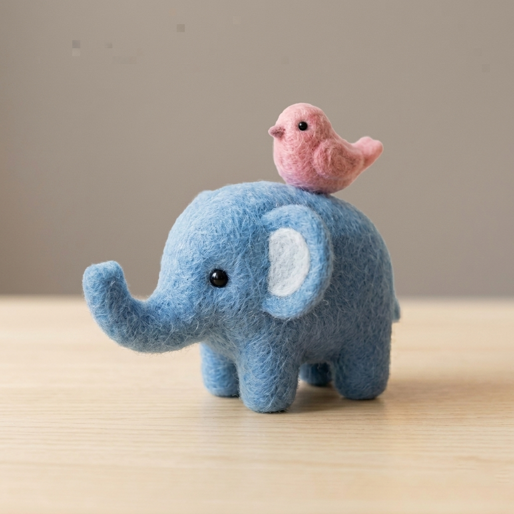 Handmade Wool Felt Blue Elephant with Pink Bird Figurine – Cute Whimsical Decor