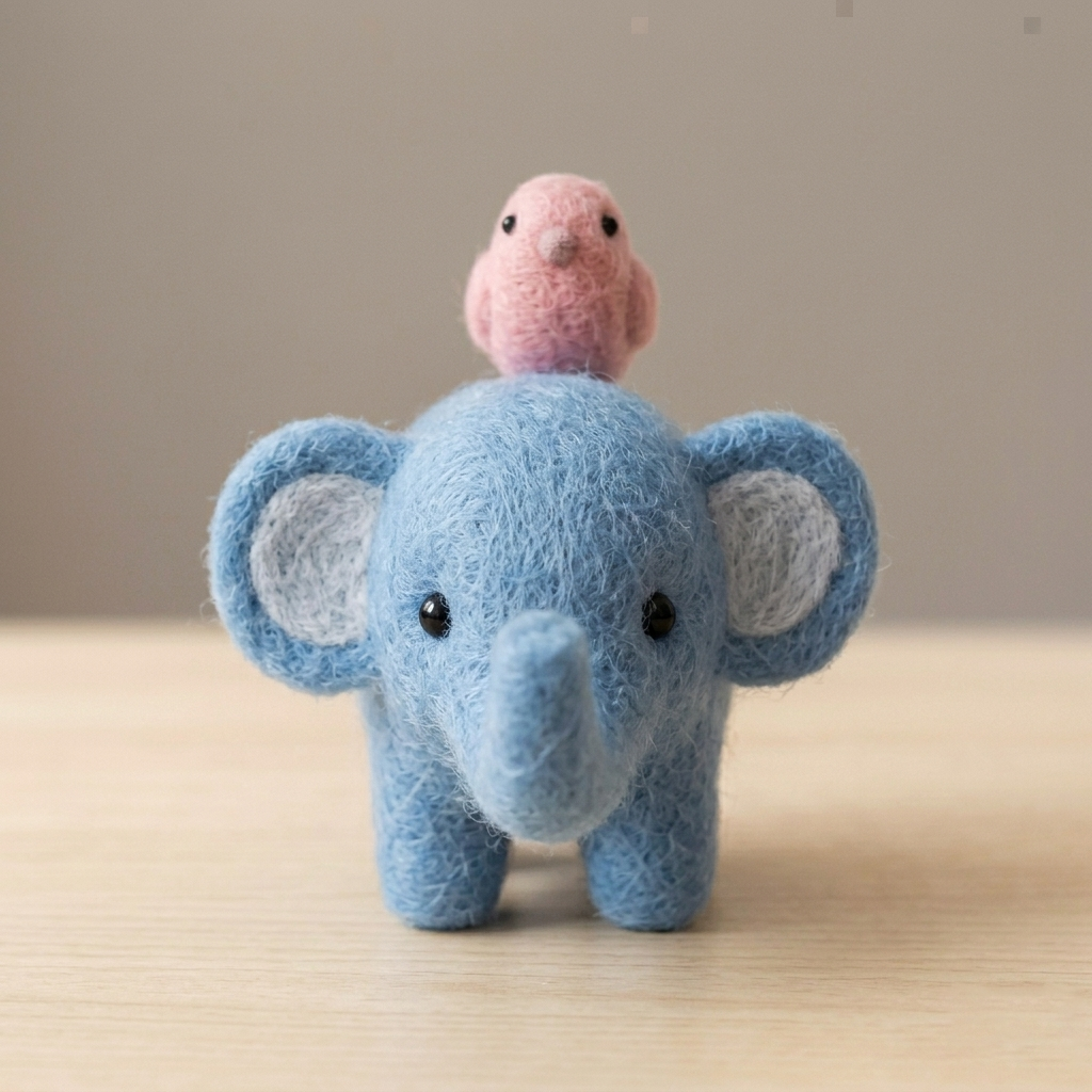 Handmade Wool Felt Blue Elephant with Pink Bird Figurine – Cute Whimsical Decor