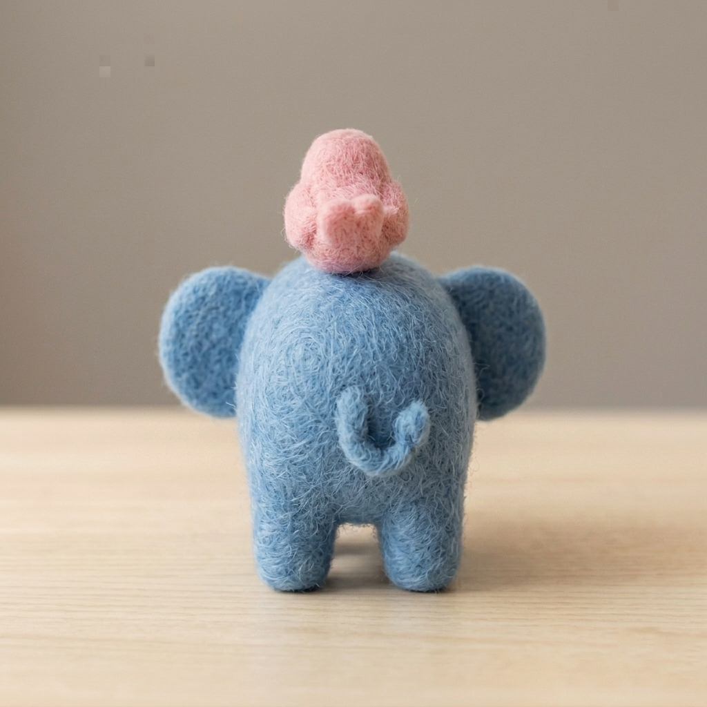 Handmade Wool Felt Blue Elephant with Pink Bird Figurine – Cute Whimsical Decor