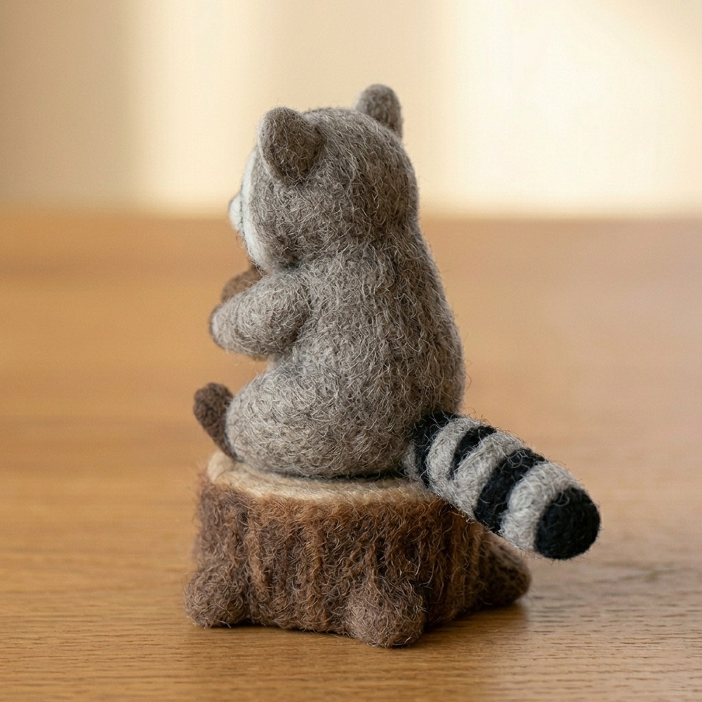 Handmade Wool Felt Raccoon with Acorn on Tree Stump Figurine – Cute Woodland Decor