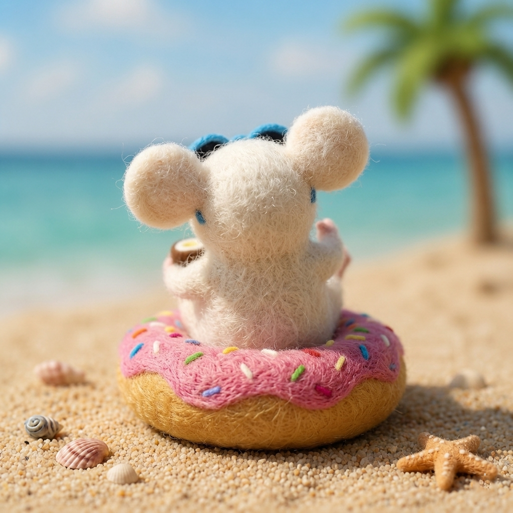 Handmade Wool Felt Beach Mouse on Donut Float Figurine – Cute Summer Decor