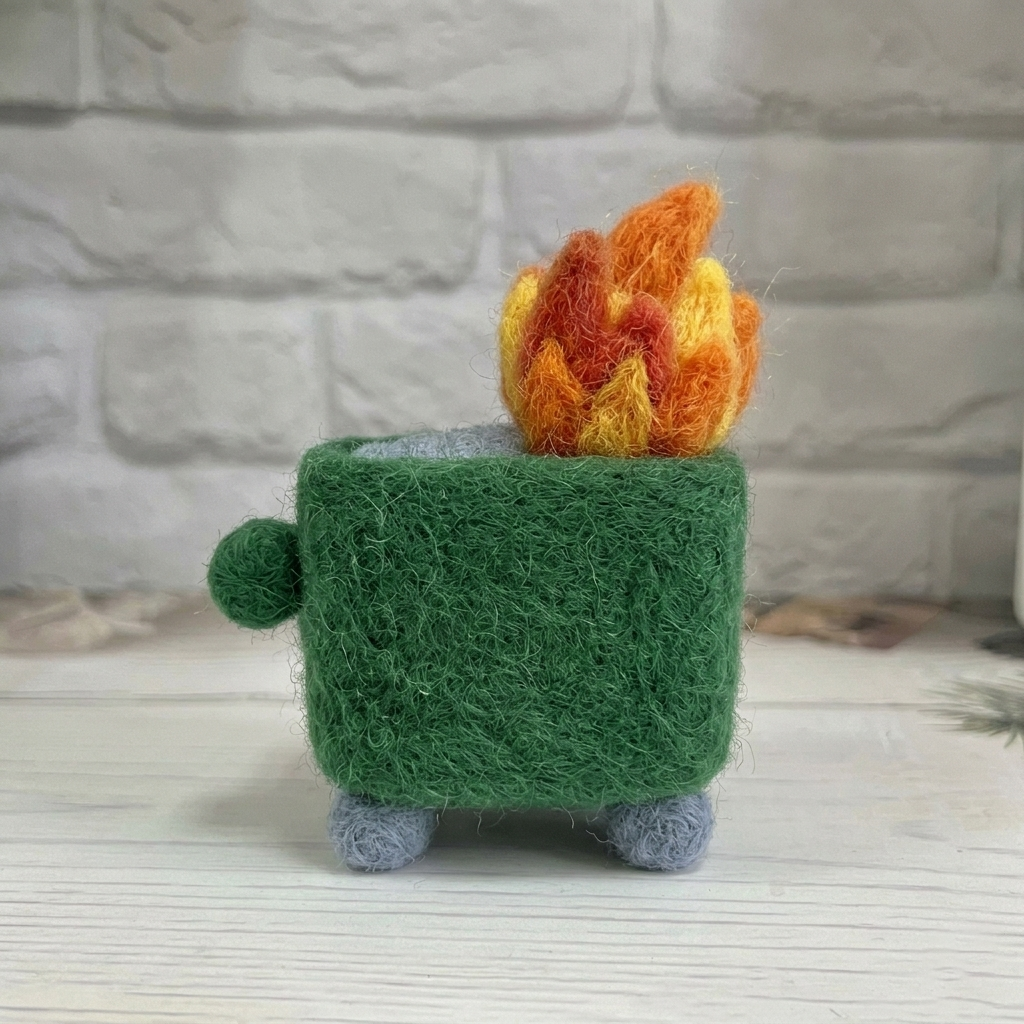 Handmade Wool Felt Emotional Support Dumpster Fire Figurine – Funny Relatable Desk Decor
