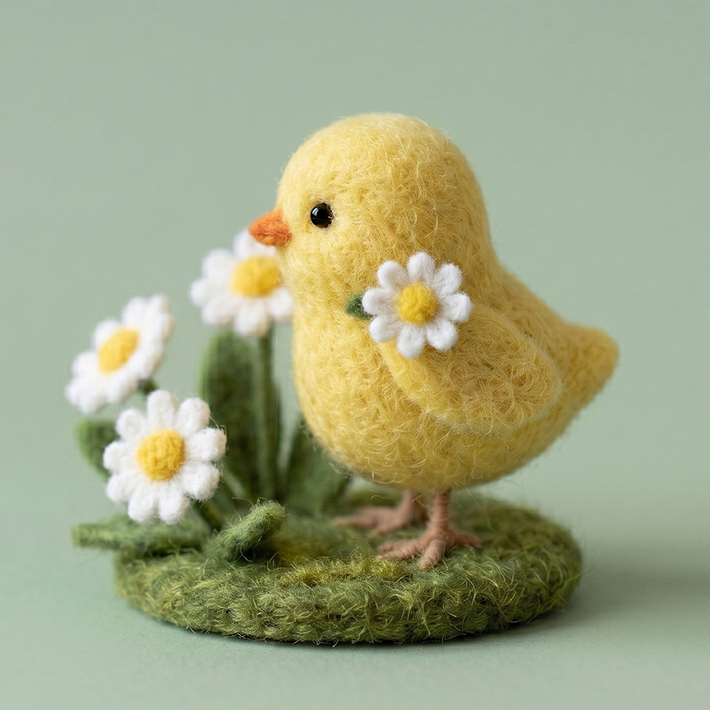 Handmade Wool Felt Chick with Daisies Figurine – Cute Spring Decor