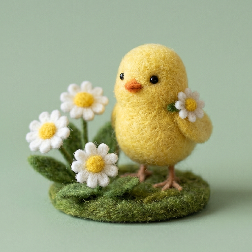 Handmade Wool Felt Chick with Daisies Figurine – Cute Spring Decor