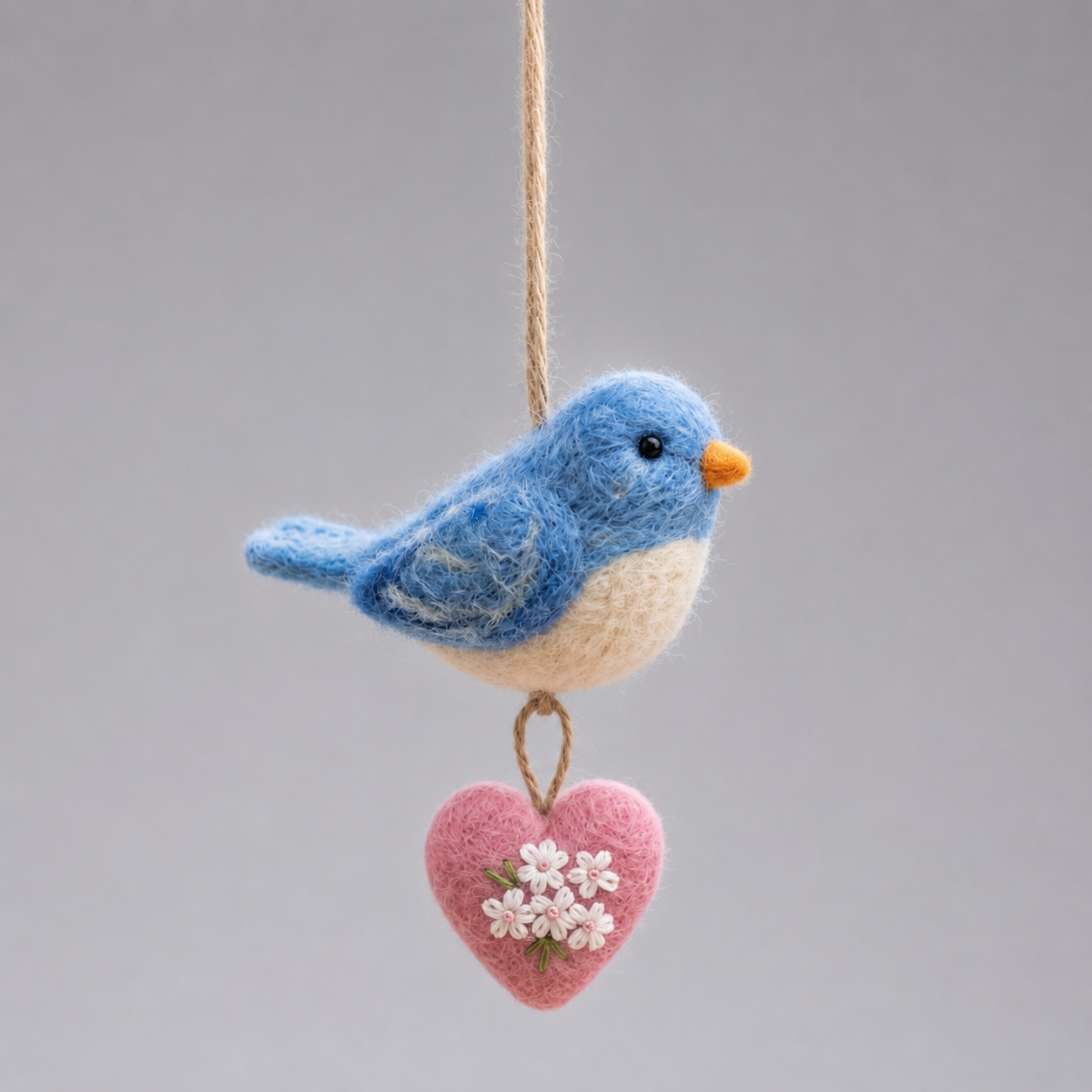 Handmade Wool Felt Blue Bird with Heart Ornament – Whimsical Hanging Decor