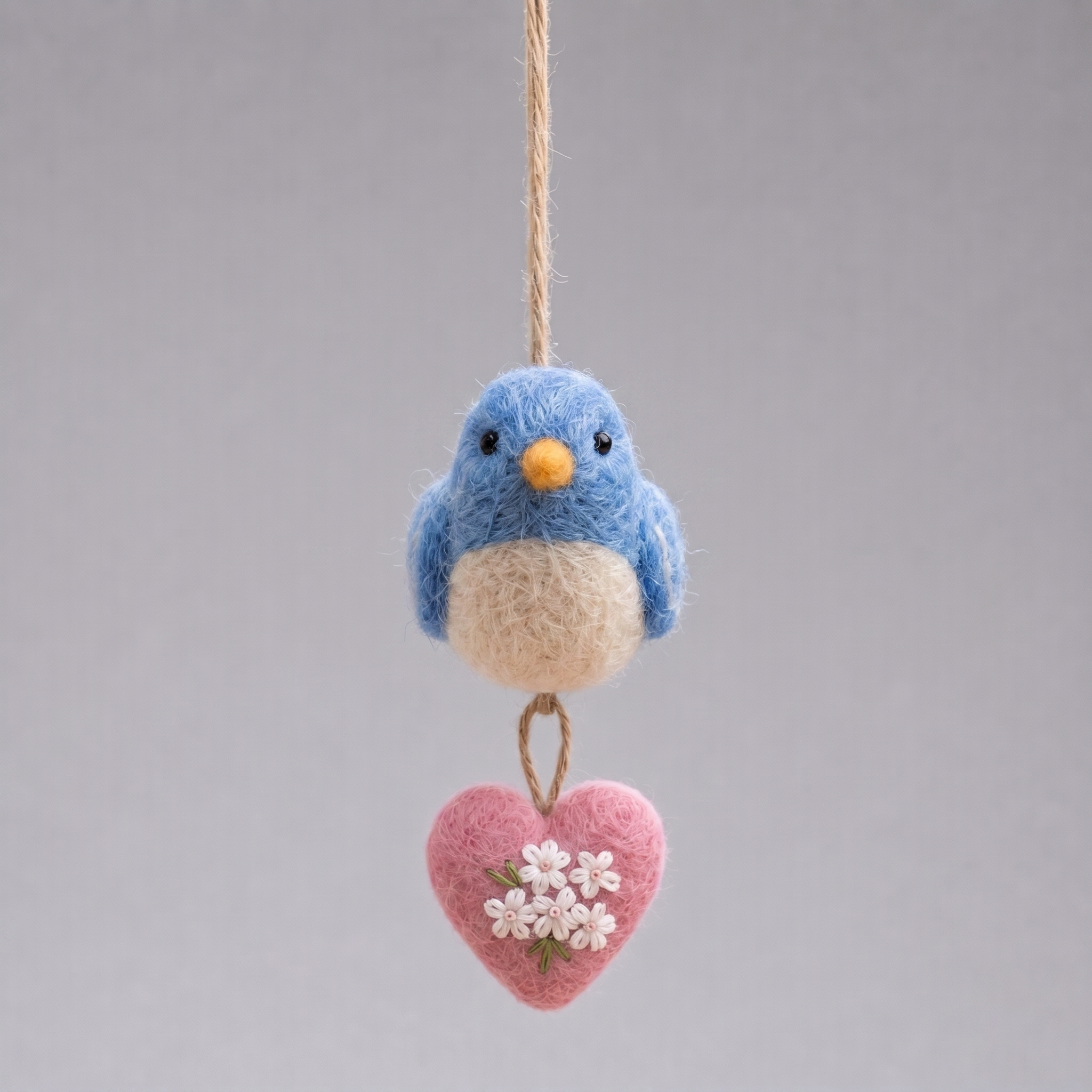 Handmade Wool Felt Blue Bird with Heart Ornament – Whimsical Hanging Decor