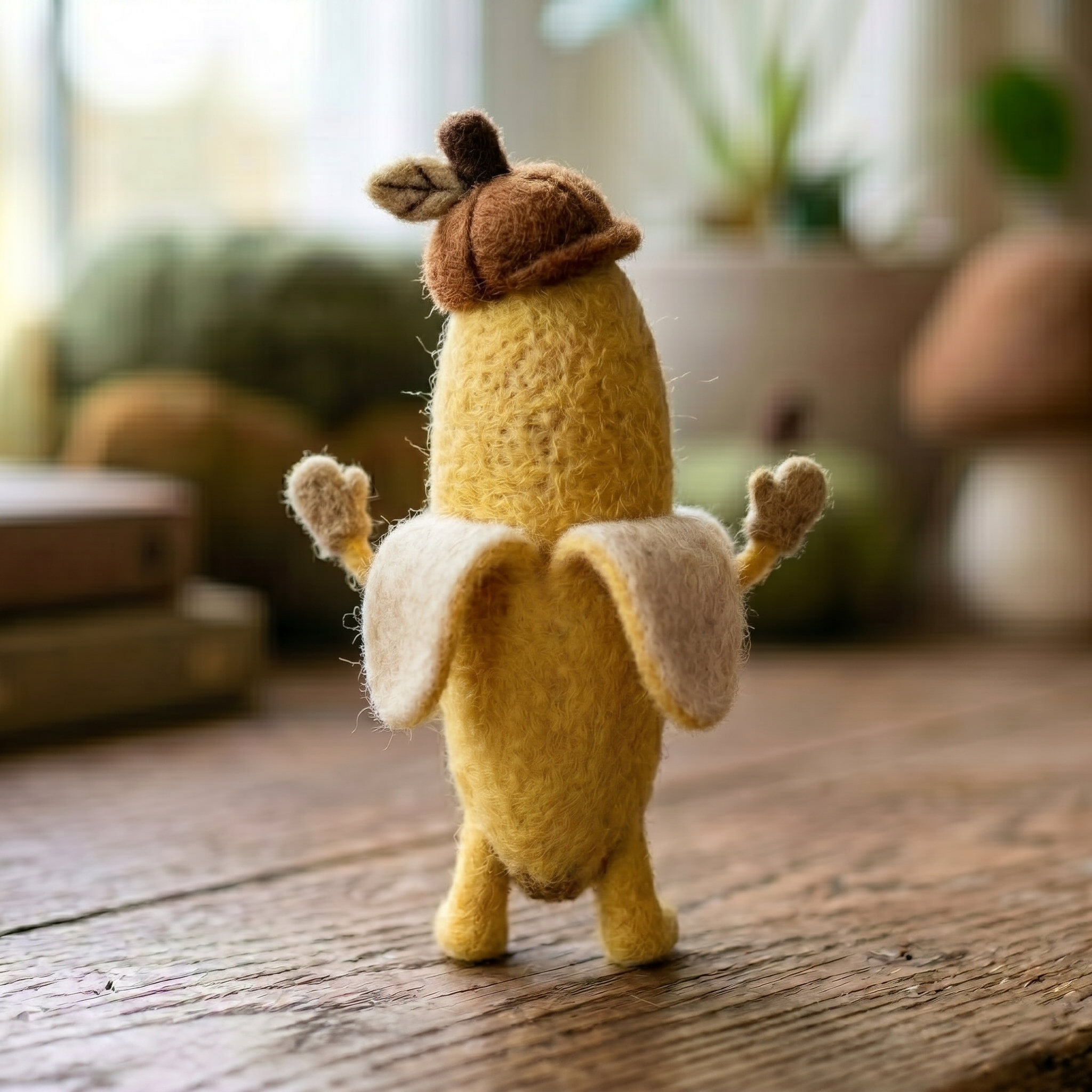 Handmade Wool Felt Banana Character with Beret Figurine – Cute Whimsical Food Decor