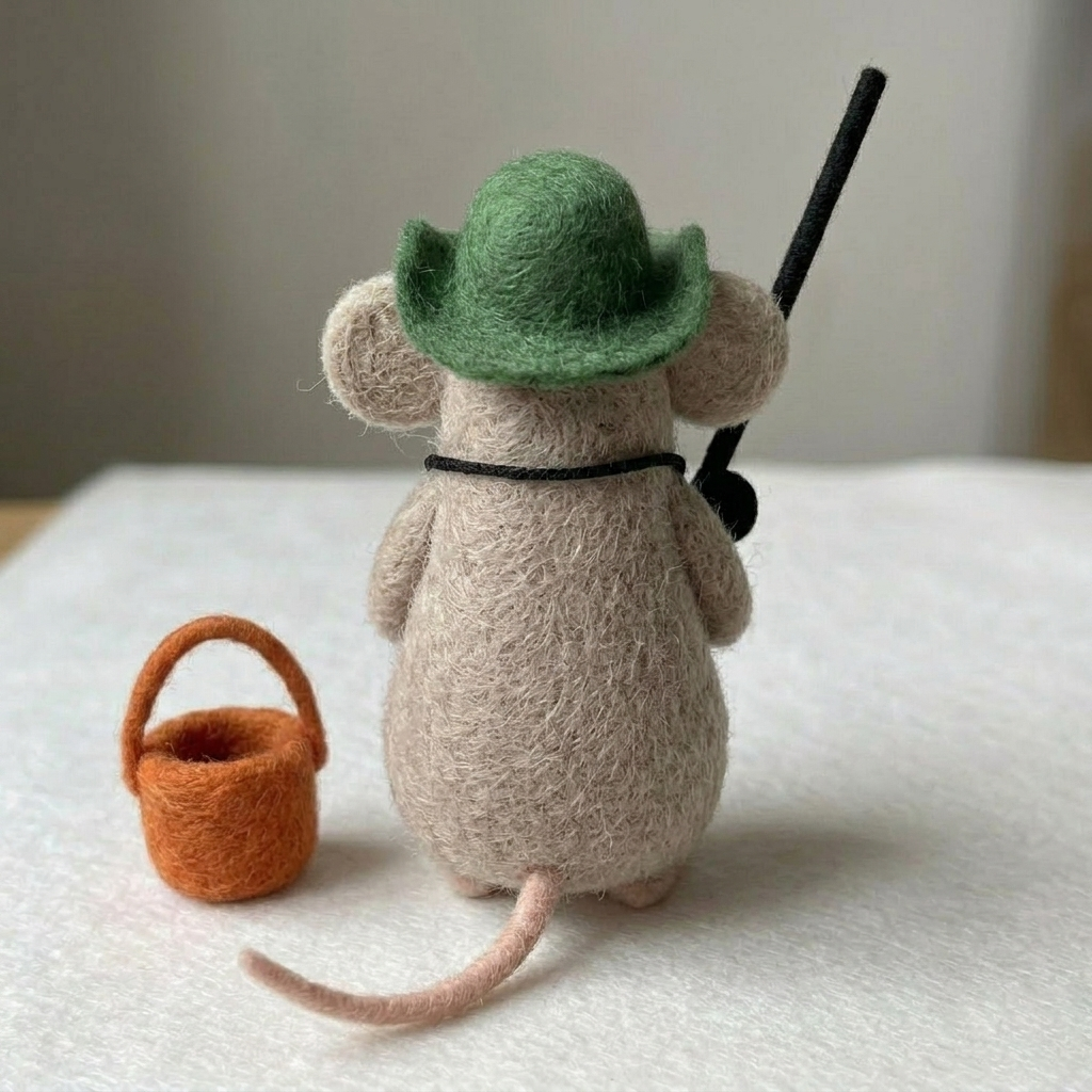 Handmade Wool Felt Fisherman Mouse Figurine – Cute Outdoor Themed Decor