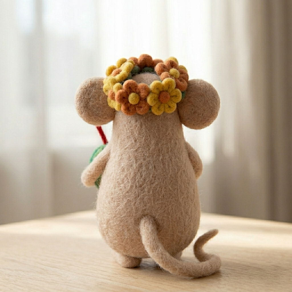 Handmade Wool Felt Summer Mouse with Watermelon Drink Figurine – Cute Whimsical Decor