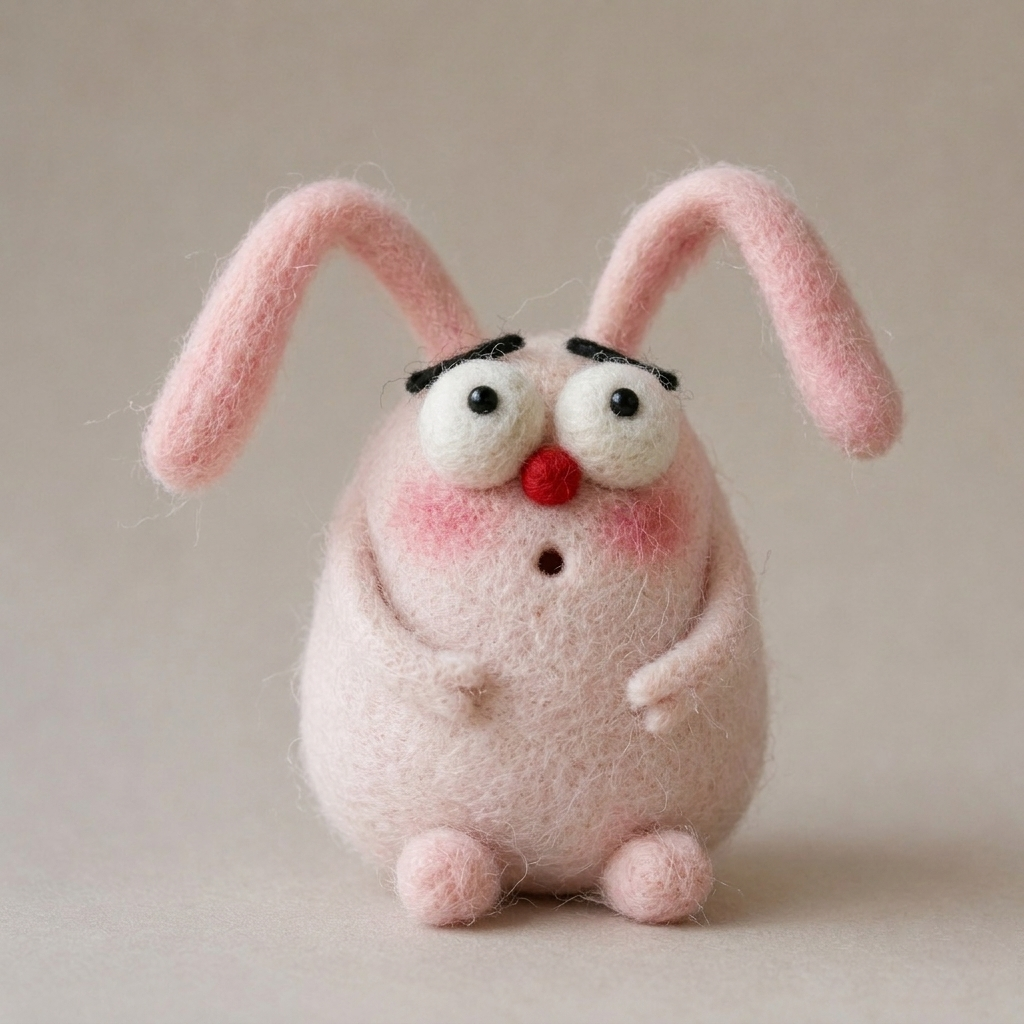 Handmade Wool Felt Whimsical Pink Bunny Figurine – Cute Quirky Decor