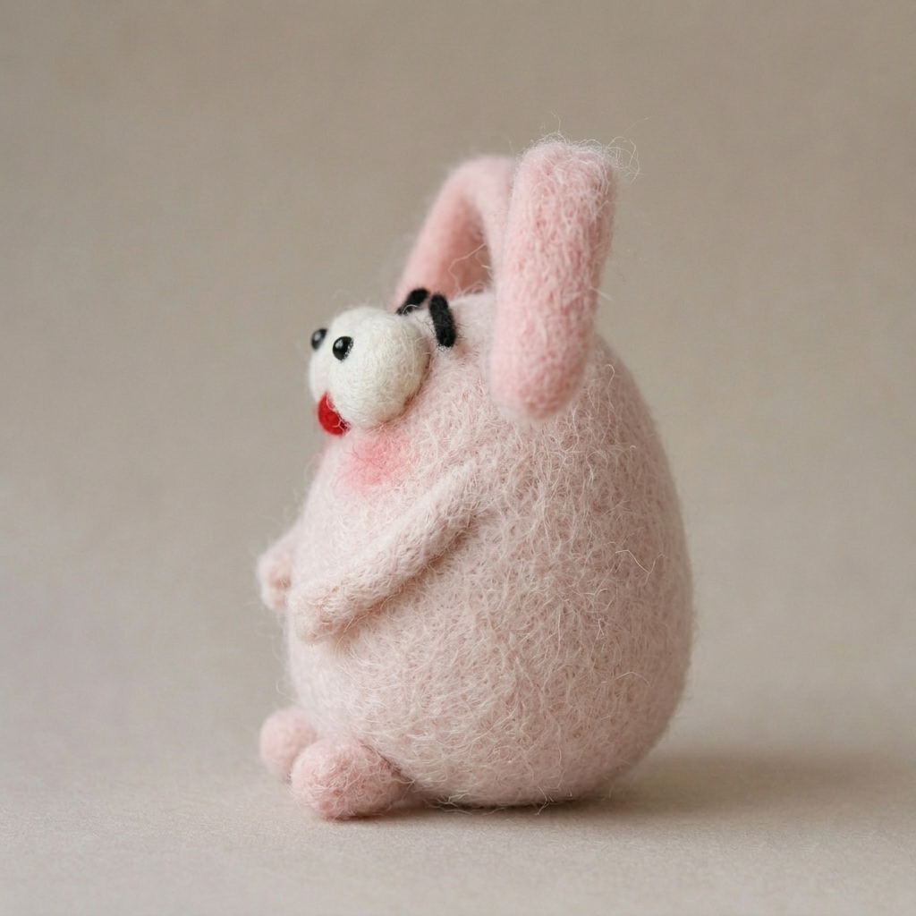 Handmade Wool Felt Whimsical Pink Bunny Figurine – Cute Quirky Decor