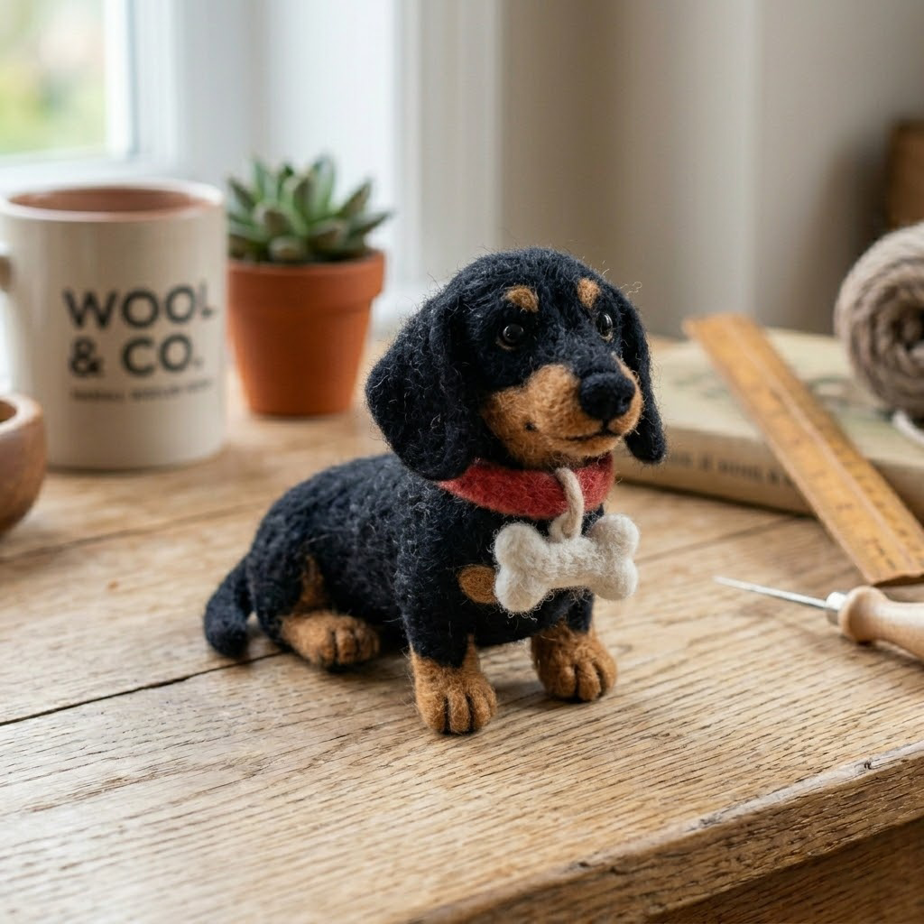 Handmade Wool Felt Black & Tan Dachshund with Collar Figurine – Cute Dog Lovers Decor