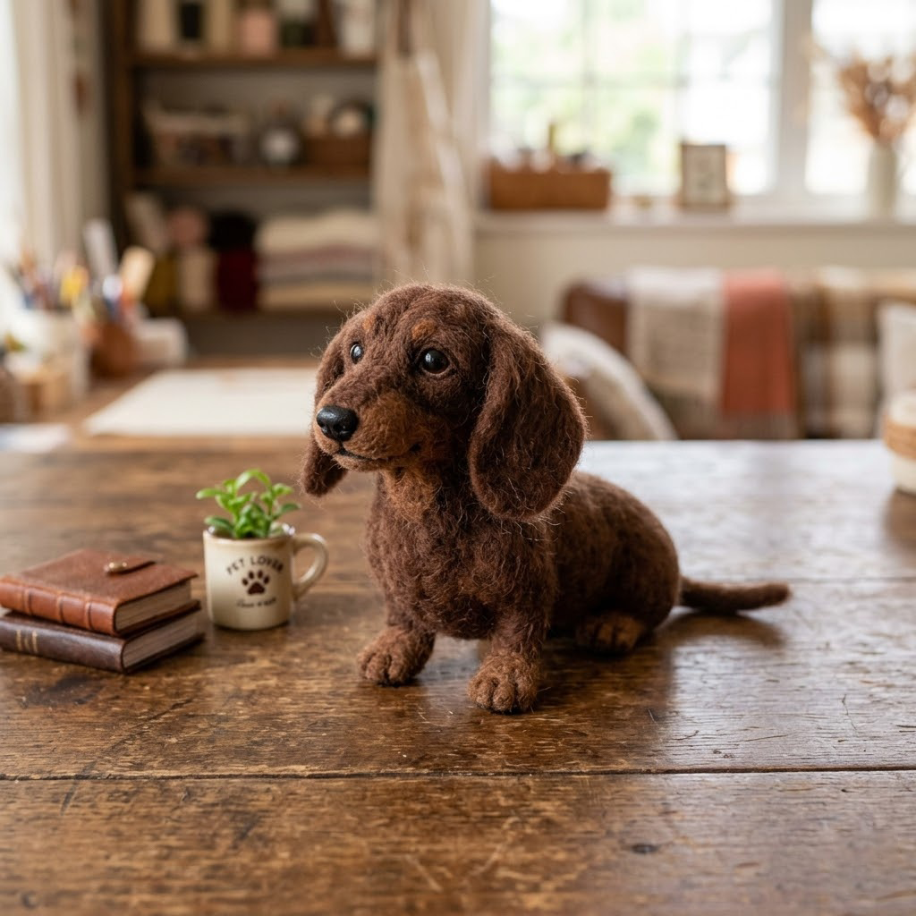 Handmade Wool Felt Chocolate Dachshund Puppy Figurine – Cute Dog Lovers Decor