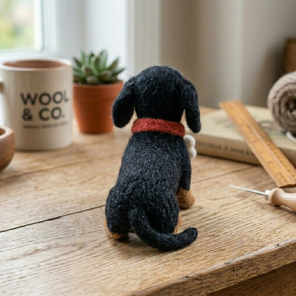 Handmade Wool Felt Black & Tan Dachshund with Collar Figurine – Cute Dog Lovers Decor