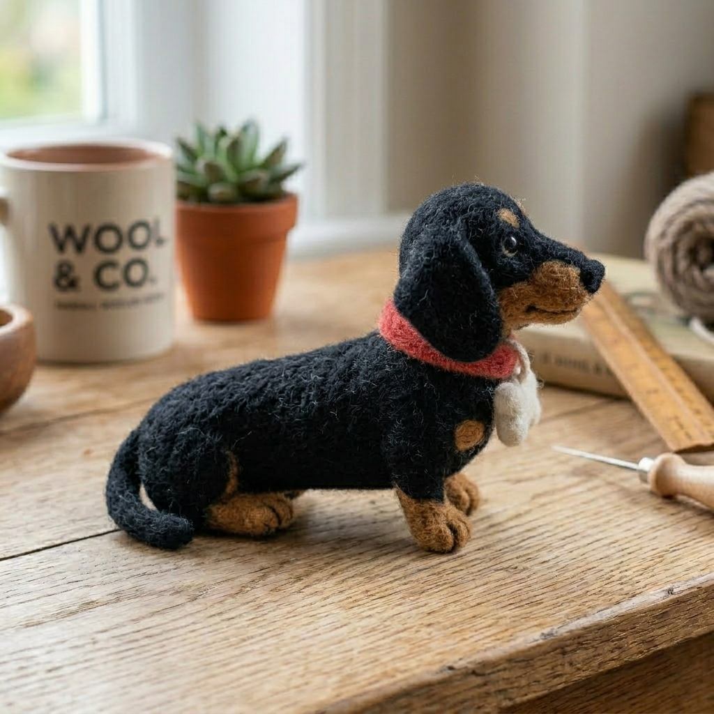 Handmade Wool Felt Black & Tan Dachshund with Collar Figurine – Cute Dog Lovers Decor
