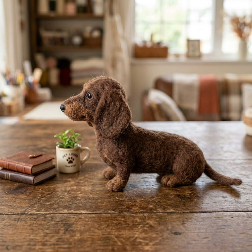 Handmade Wool Felt Chocolate Dachshund Puppy Figurine – Cute Dog Lovers Decor