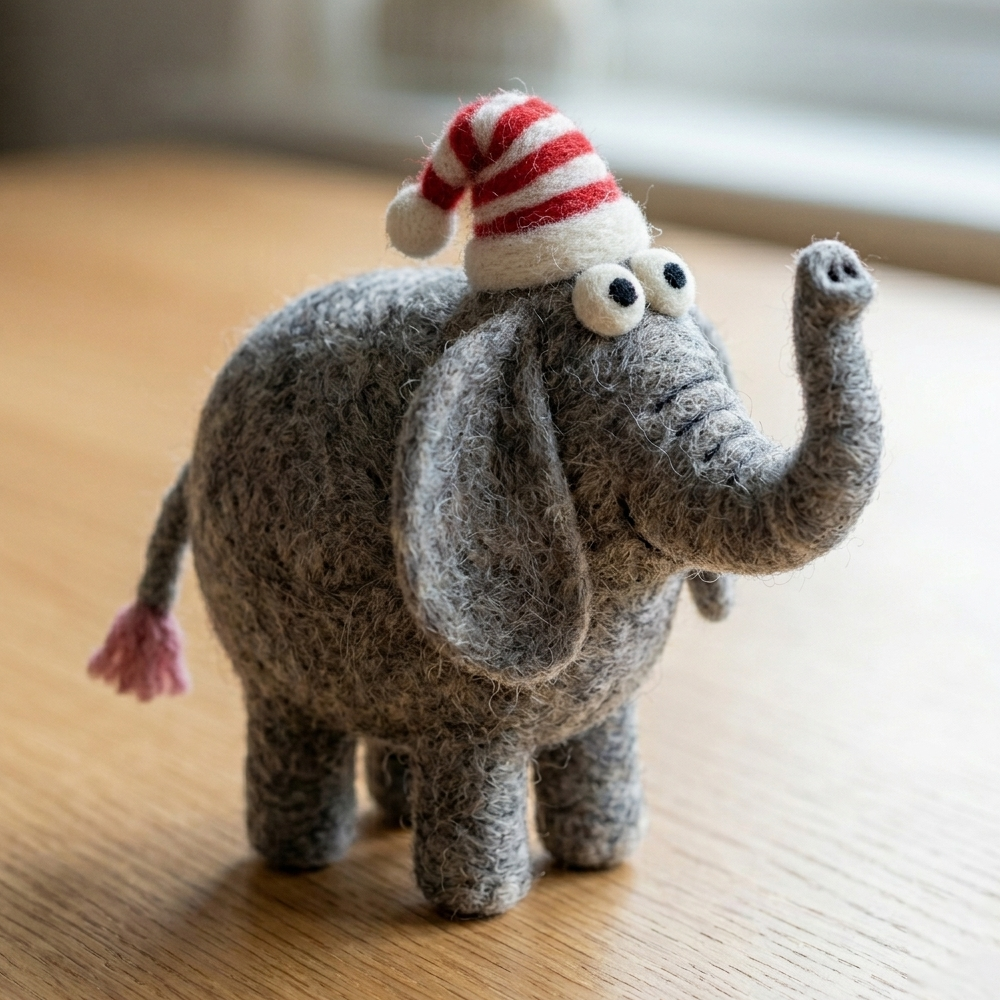 Handmade Wool Felt Whimsical Elephant with Striped Hat Figurine – Cute Festive Decor